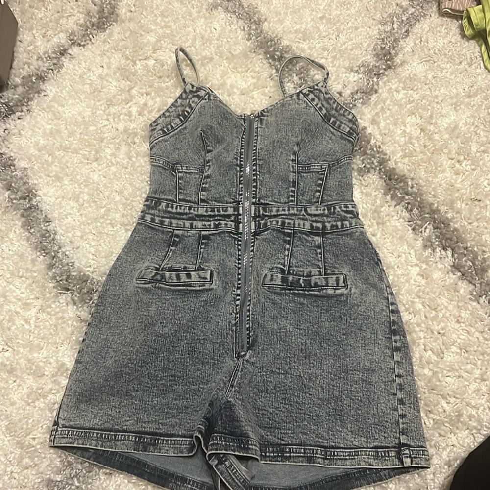 Denim short jump suit open back